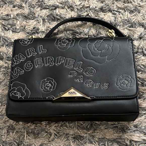 Karl Lagerfeld Luxury Black Floral Shoulder Bag with Gold Hardware - Picture 13 of 14